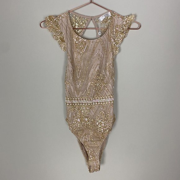Hello Molly Look At You Bodysuit Champagne Glitter Womens Medium Lace Up Back - Picture 3 of 13